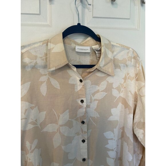 Liz Claiborne Lizwear Jeans Linen Blend floral Tan 3/4 Sleeve Top Size Large - Picture 2 of 7